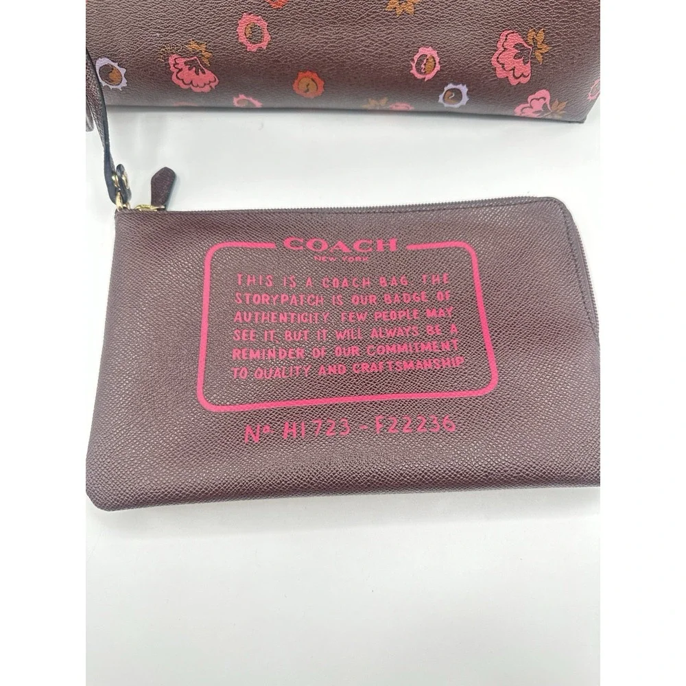 COACH Floral Print Tote Bag Brown Pink Lavender Shoulder Bag w/ Matching Pouch